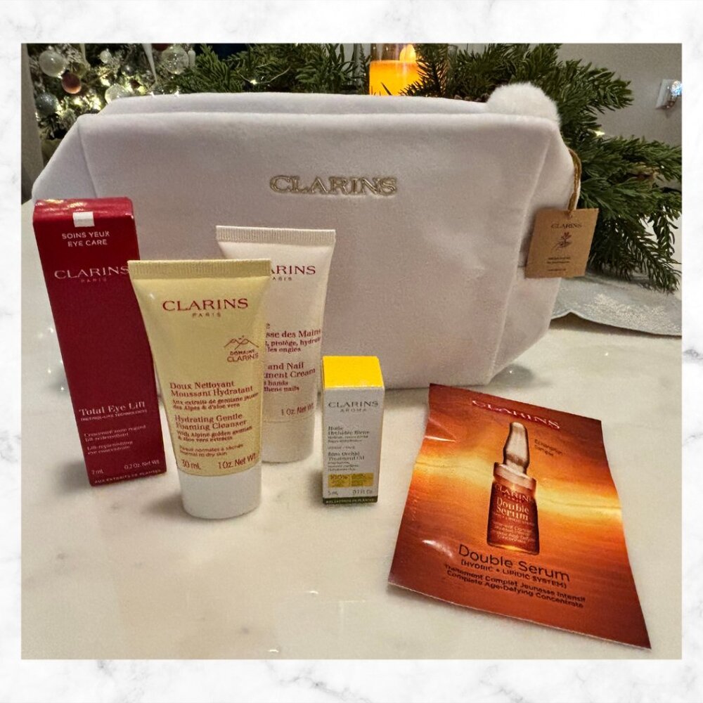 NWT | CLARINS Skincare 5-Piece Set + Winter 2025 Cosmetic Bag
